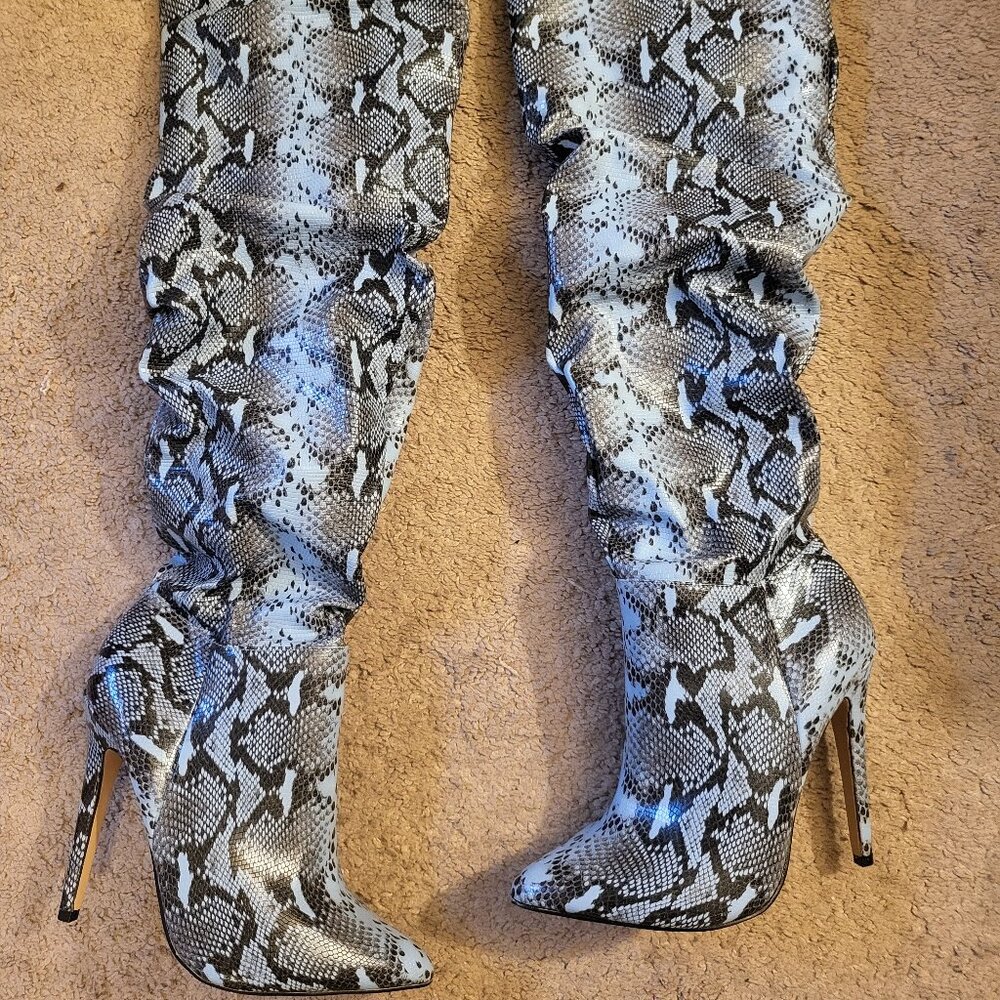 Blue Snakeskin Print Stiletto Boots